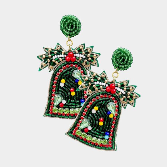 Seed Beaded Earrings Christmas Holiday BELL Holly Felt Back 3"Long Post GREEN - Picture 1 of 1